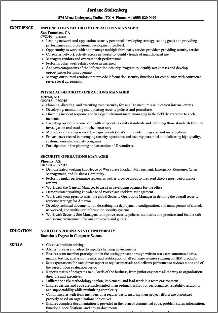 Information Security Operations Manager Resume