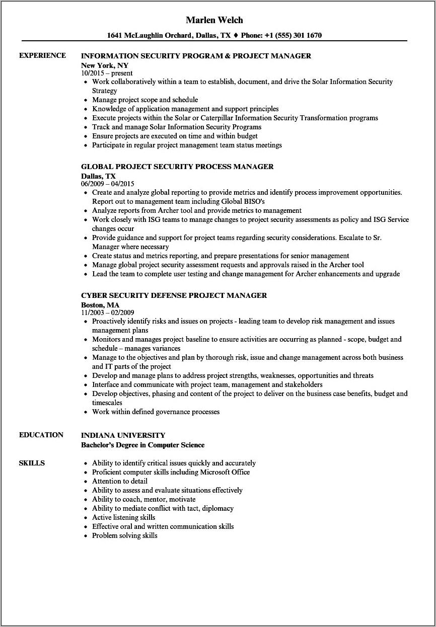 Information Security Project Manager Resume