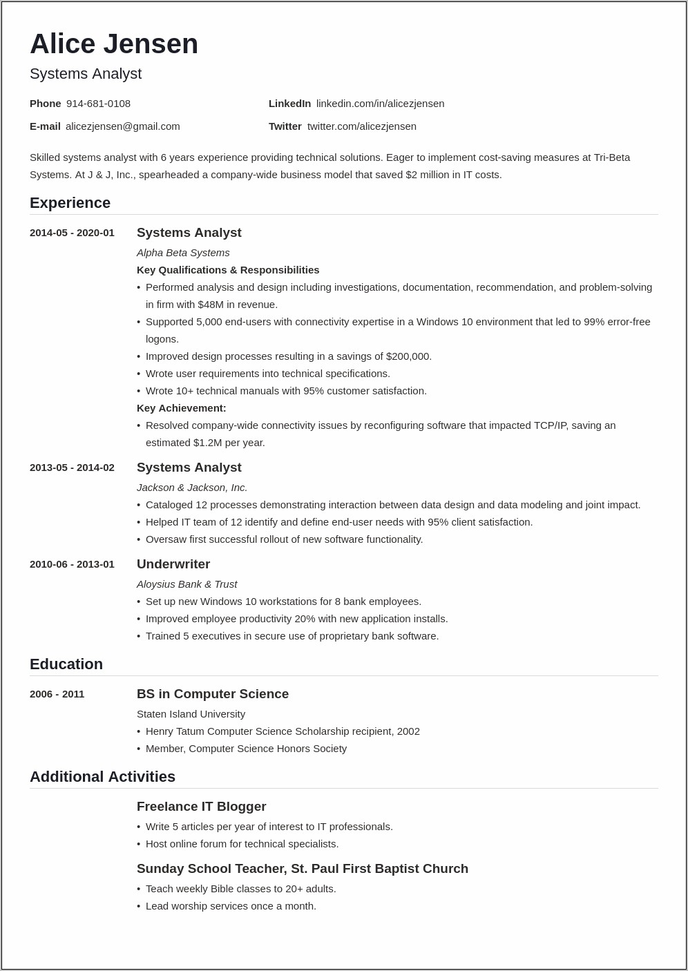 Information Systems Analyst Resume Sample