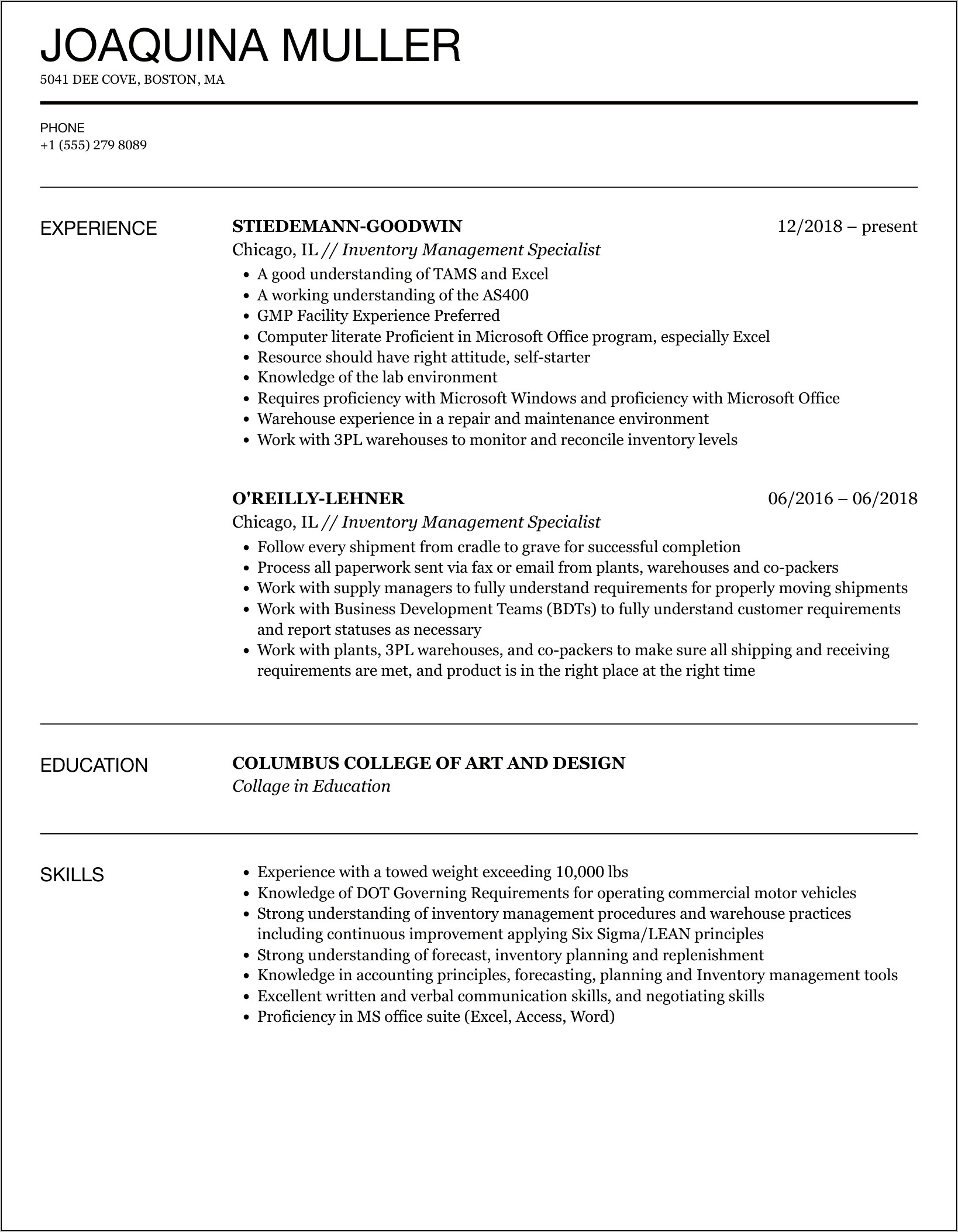 Inventory Manager In Marines Resume