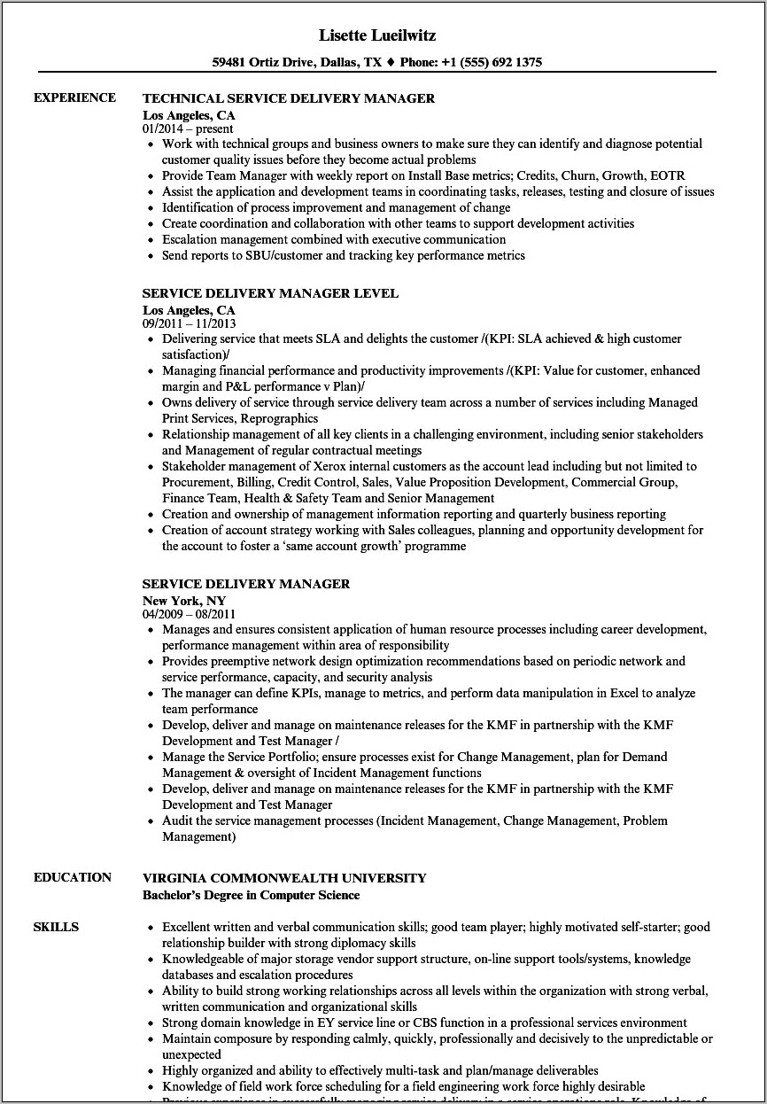 Itil Service Delivery Manager Resume