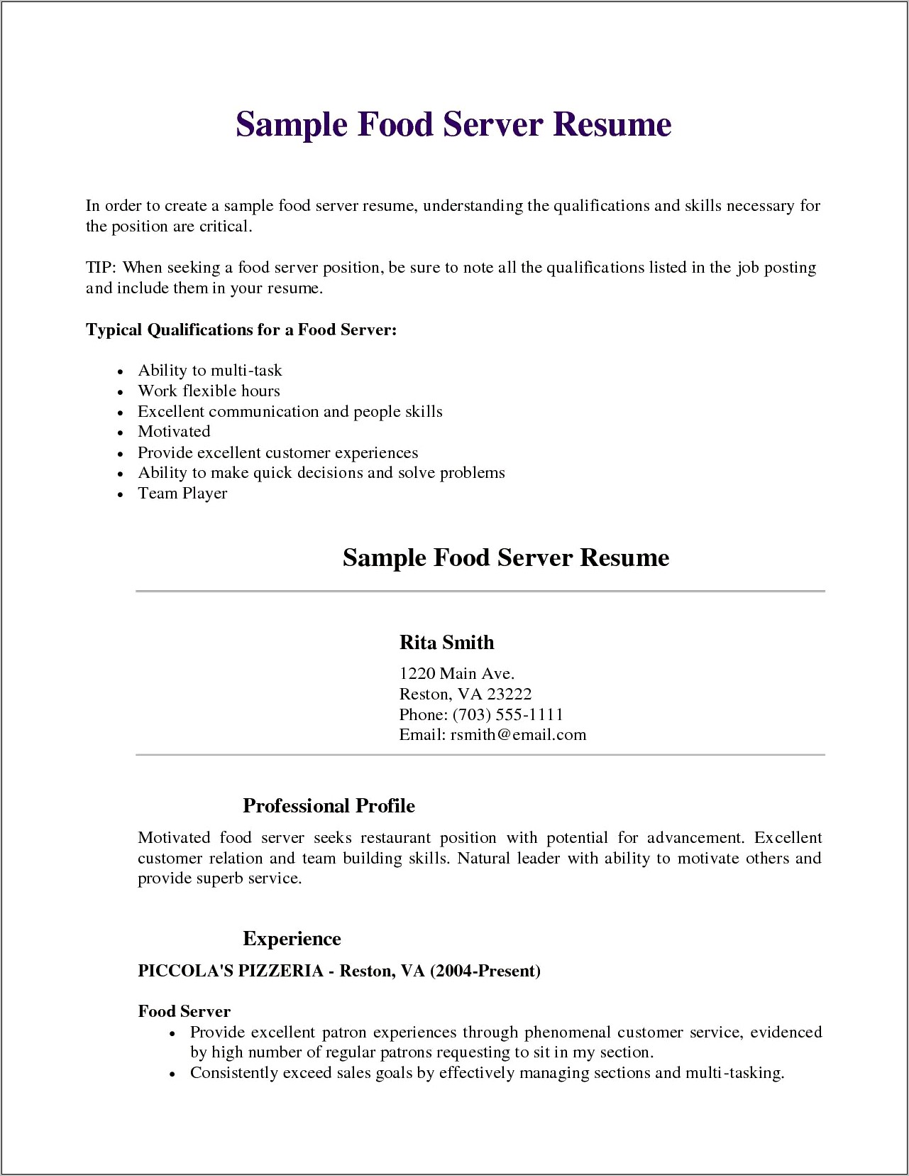 Job Description Food Server Resume