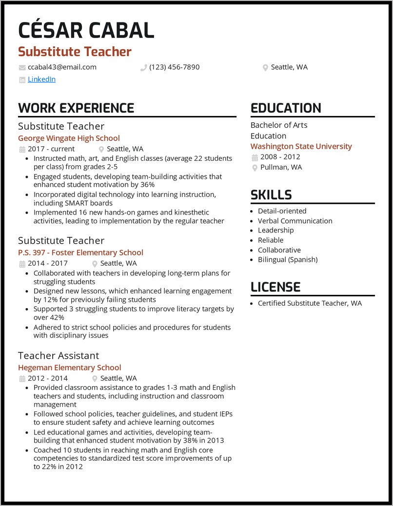 Job Description For Teacher Resume