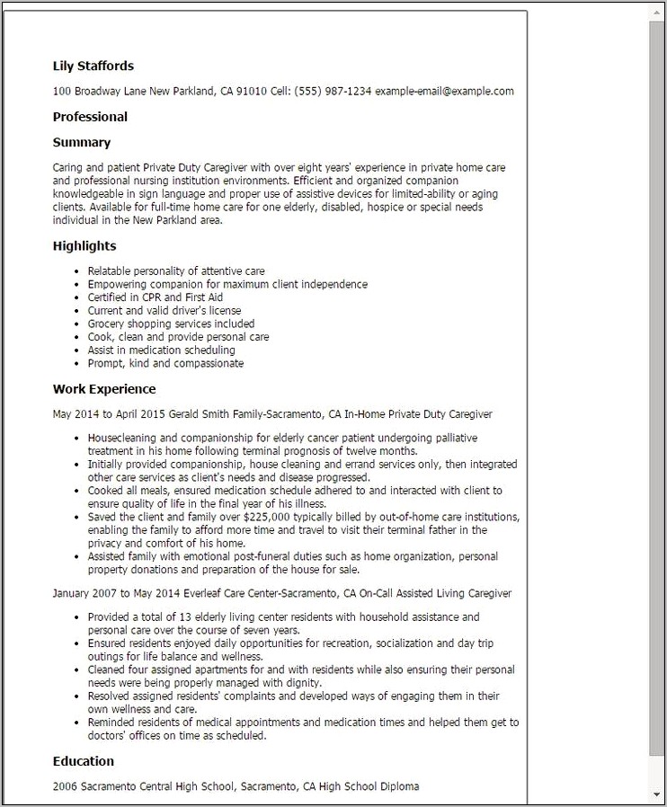 Job Description Of Caregiver Resume