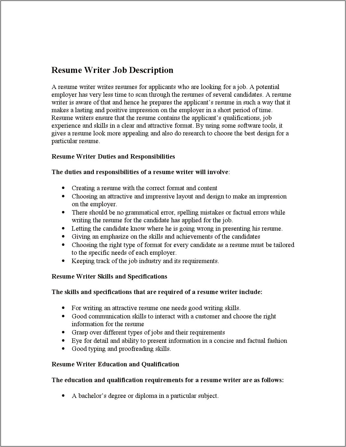 Job Description Of Resume Writer