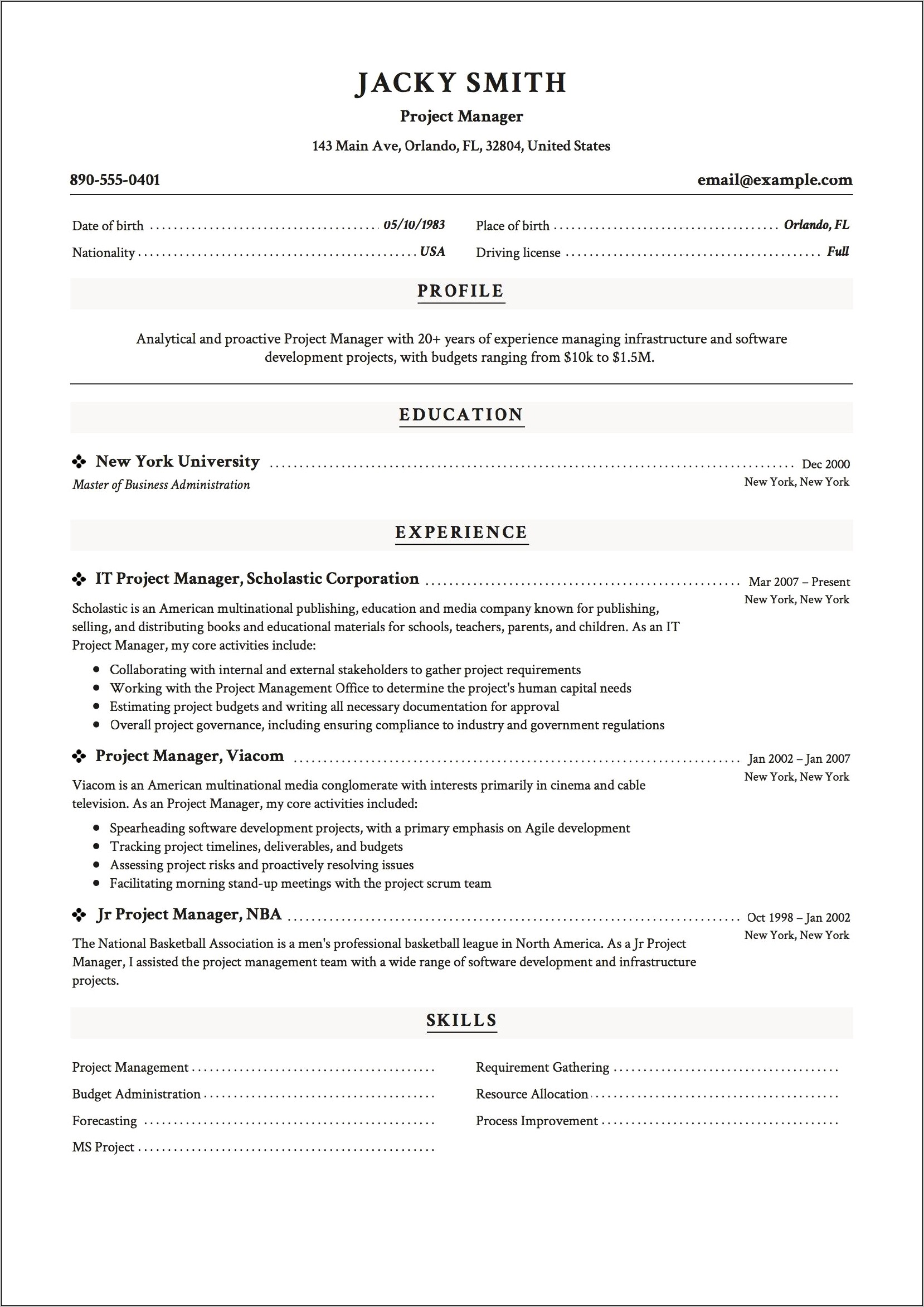 Junior Project Manager Resume Template