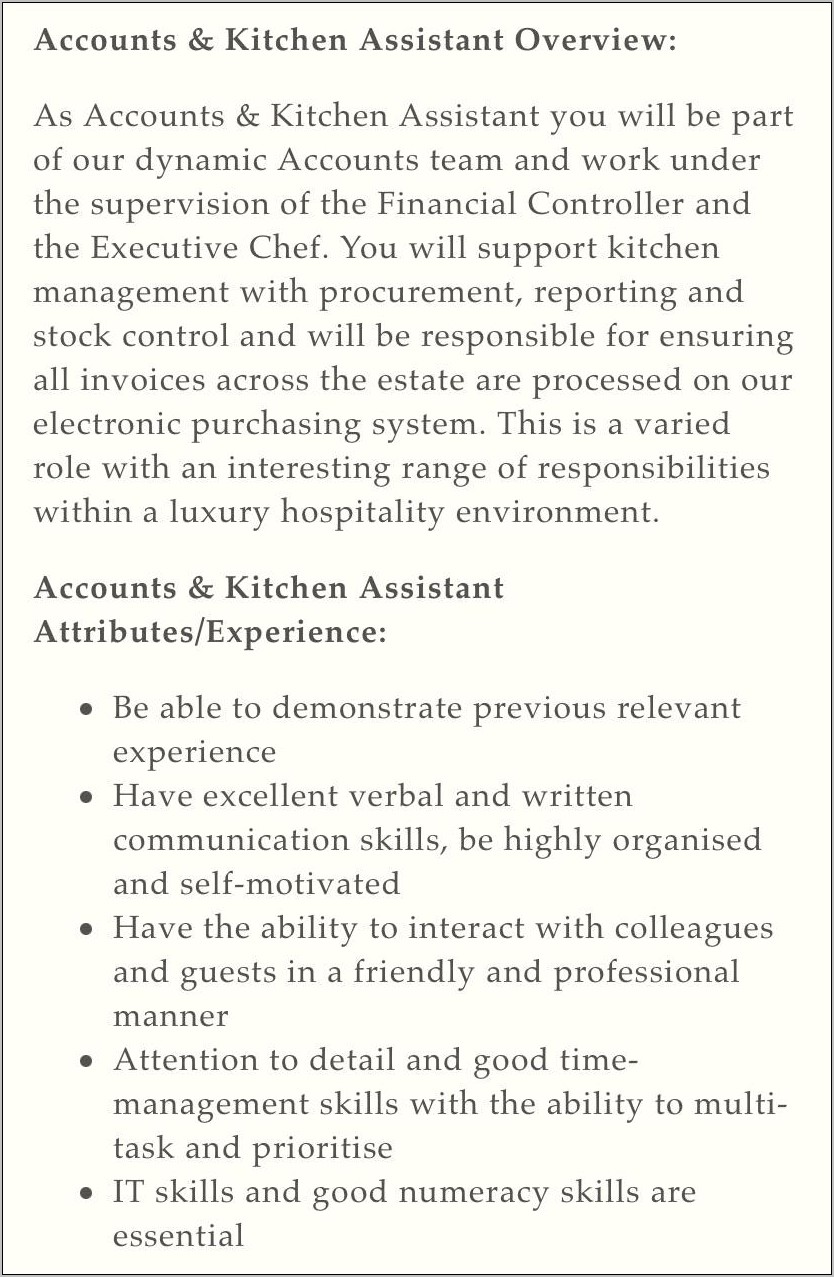 Kitchen Assistant Resume Job Description