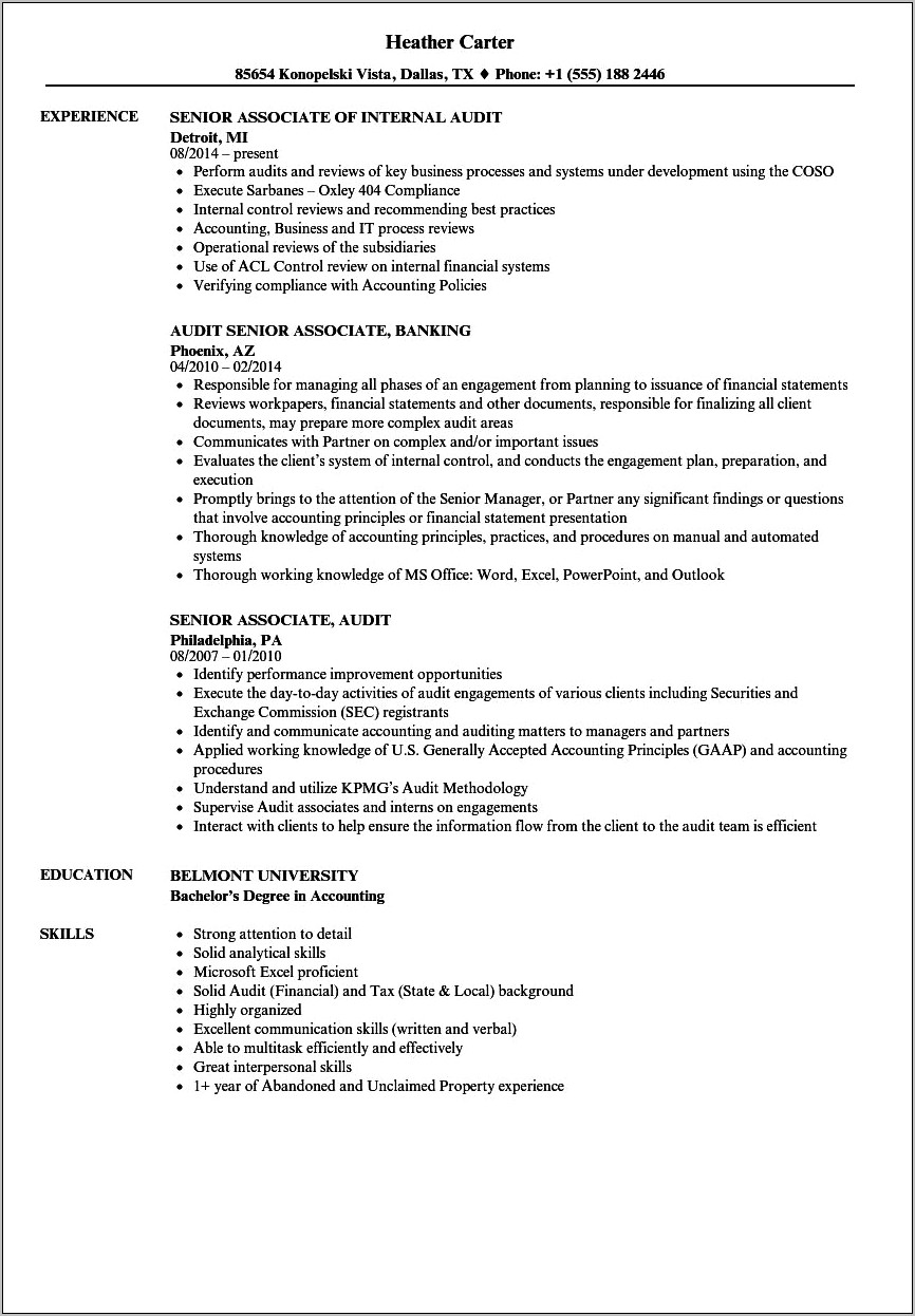 Kpmg Audit Associate Resume Example