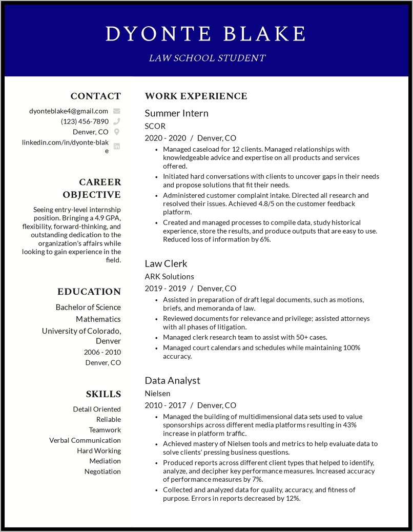 Law School Graduate Sample Resume