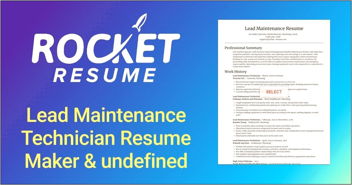 Lead Maintenance Technician Resume Sample
