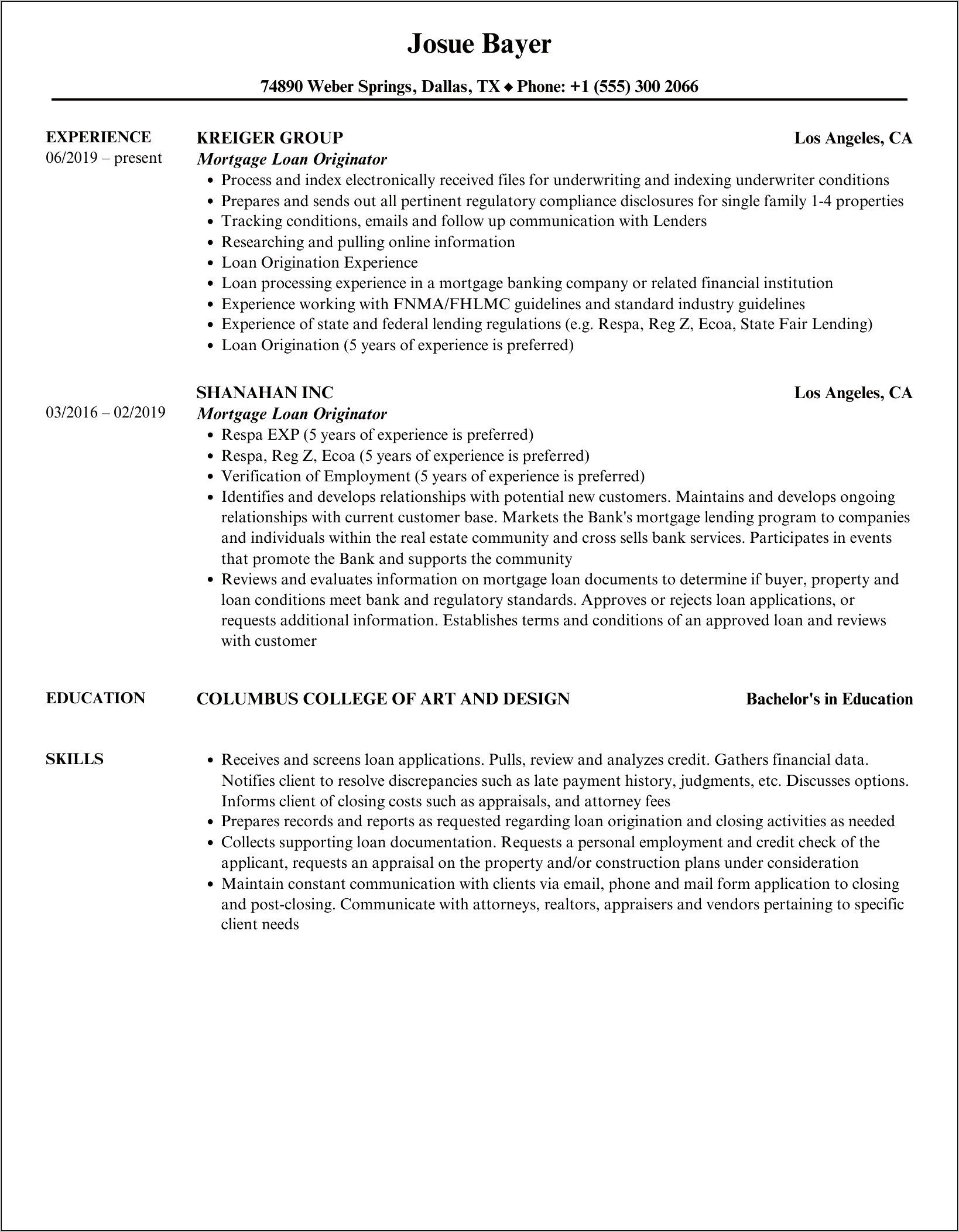 Licensed Loan Originator Sample Resume