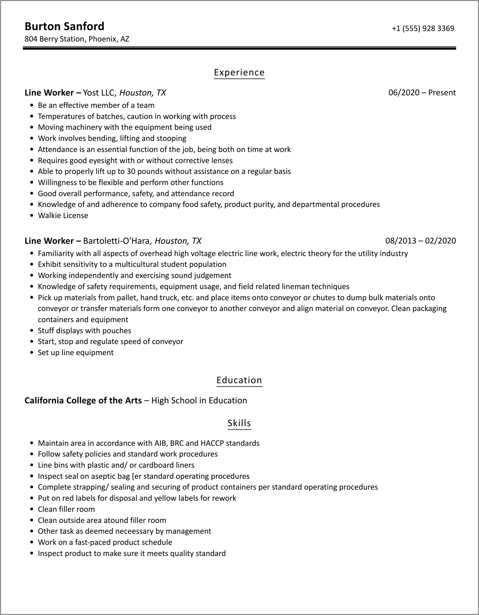 Line Worker Job Description Resume