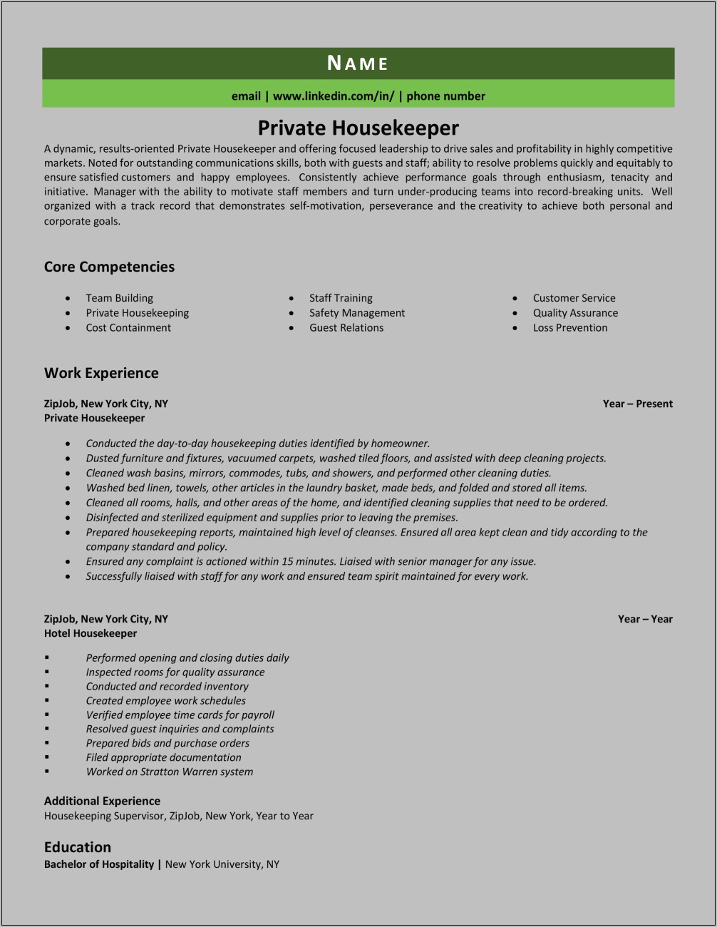 Live In Houskeeper Resume Object