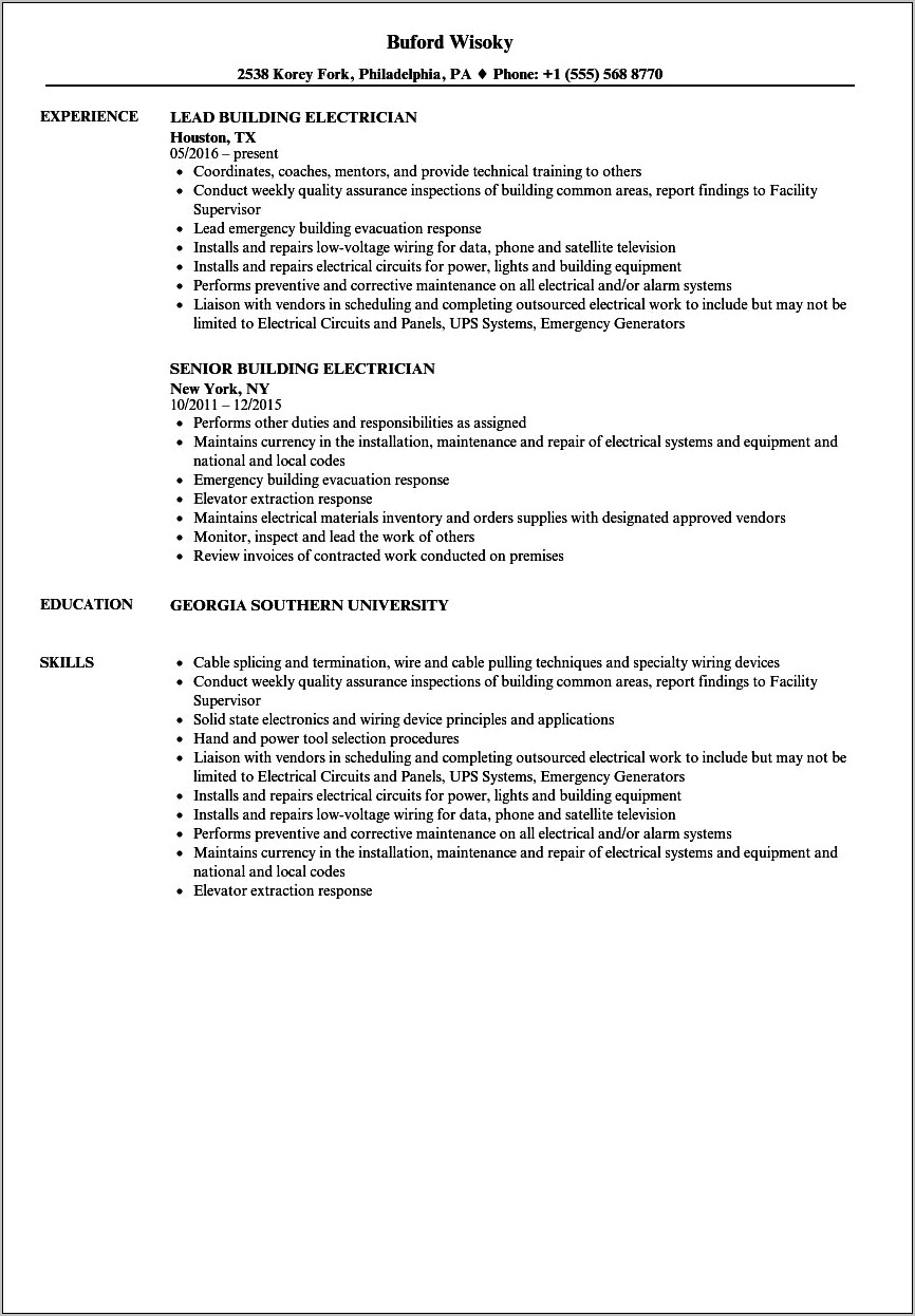 Low Voltage Electrician Resume Sample