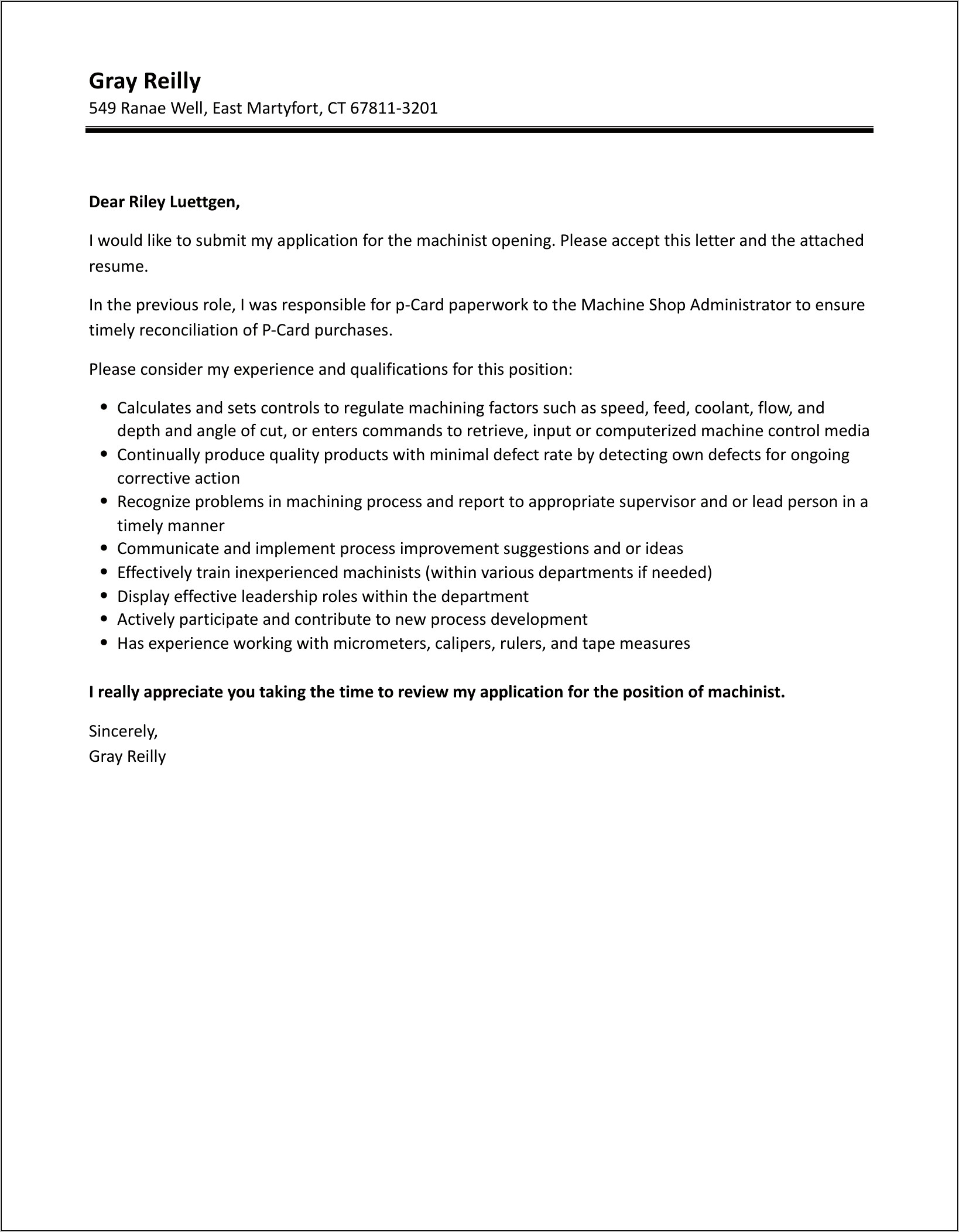 Machinist Resume Cover Letter Example