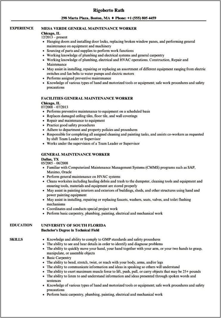 Maintenance Job Description On Resume
