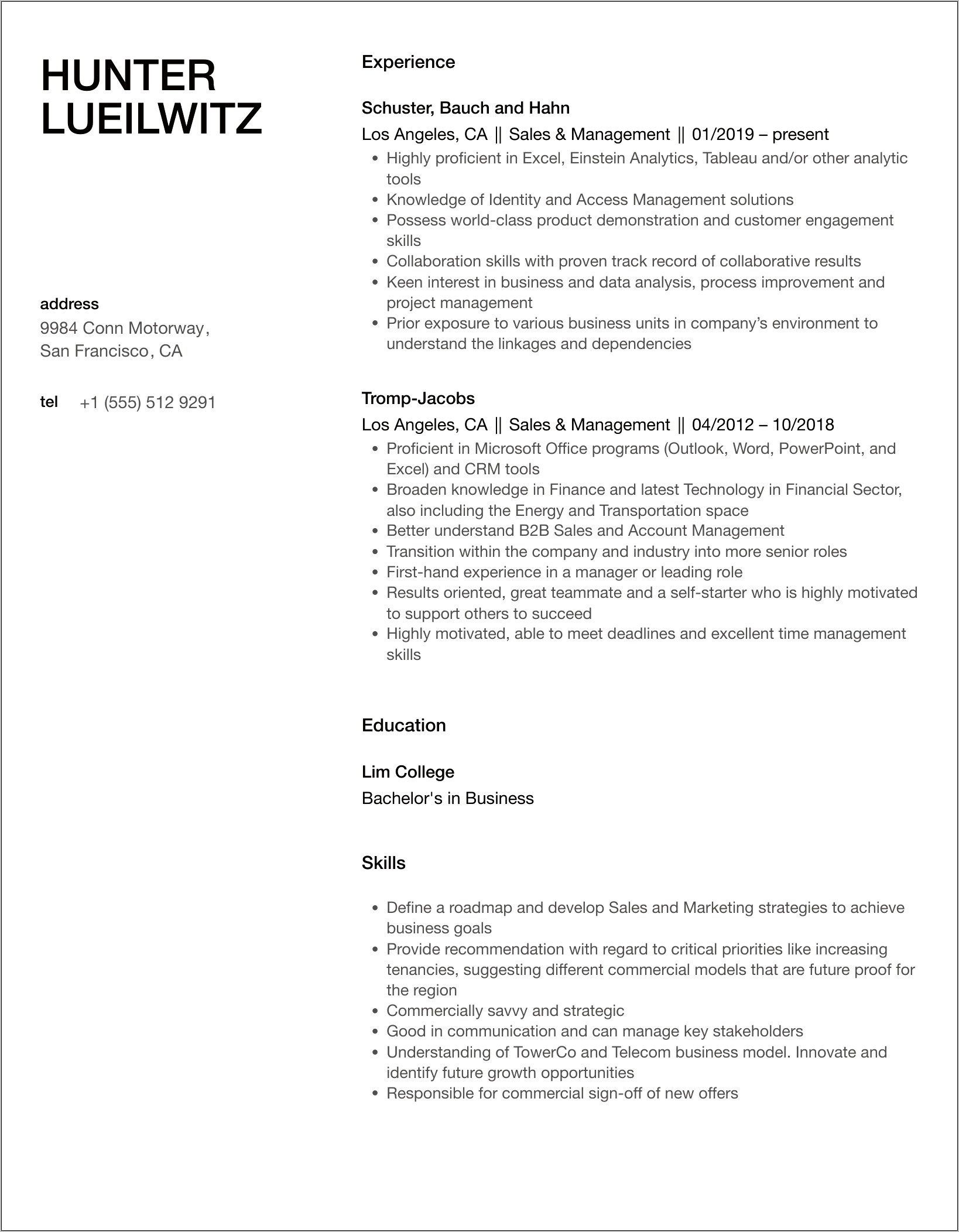 Manage Fully Sales Cycle Resume