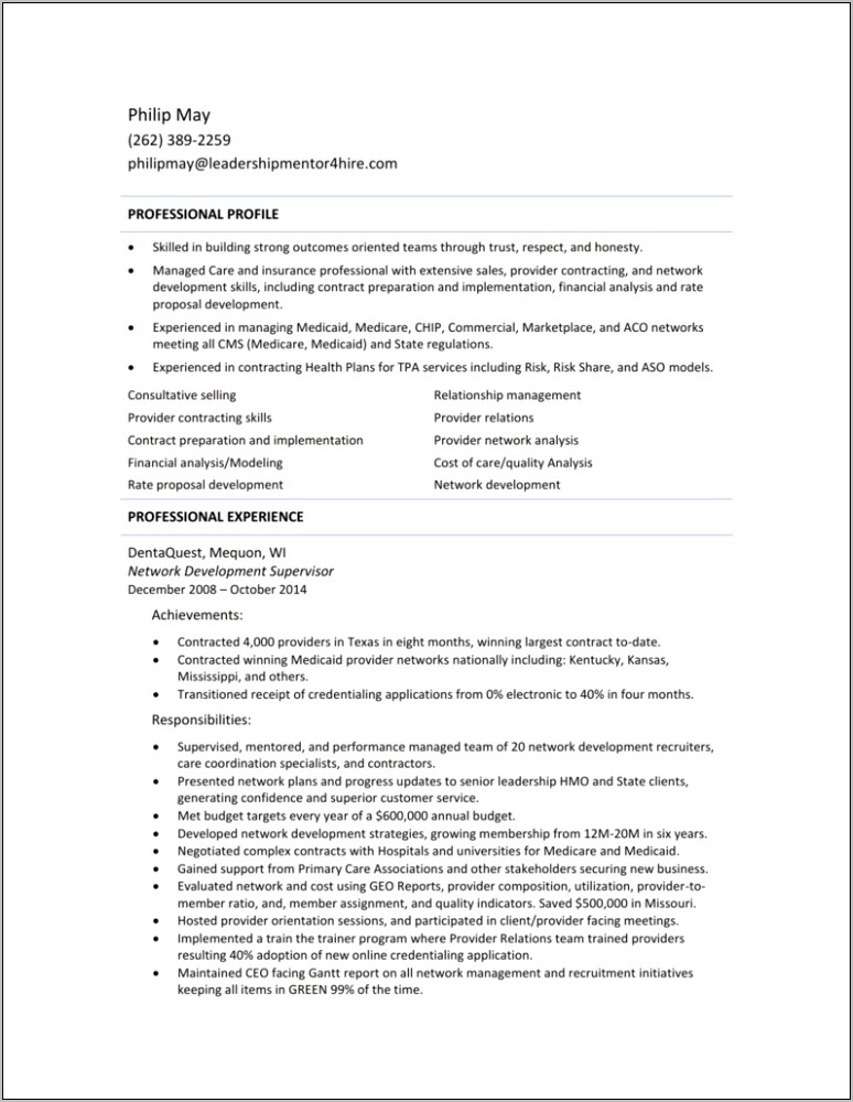 Managed Care Provider Relations Resume