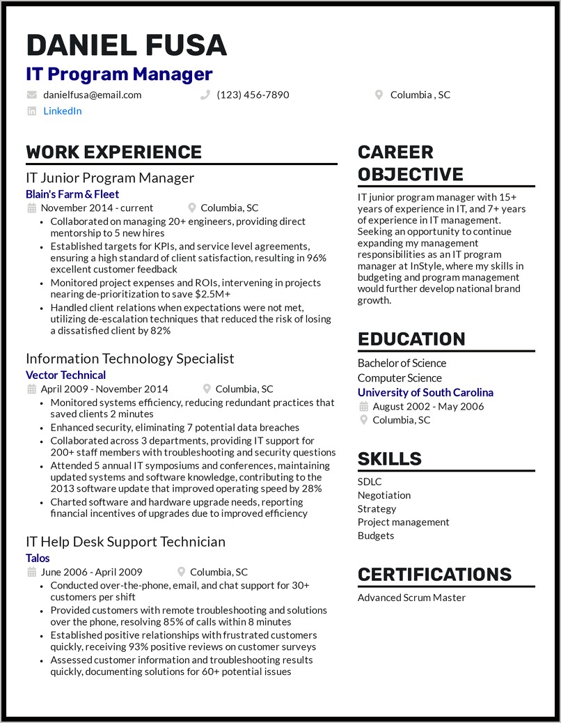 Manager Experience Tasks On Resume