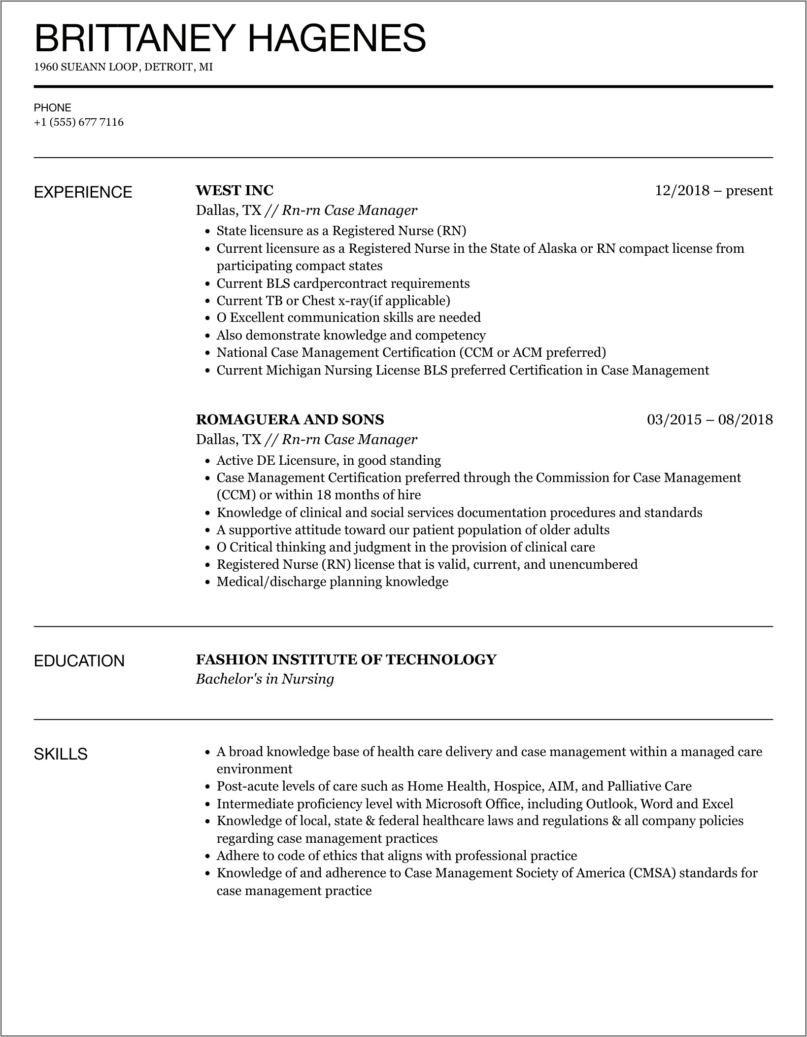 Manager Of Rncase Manager Resume