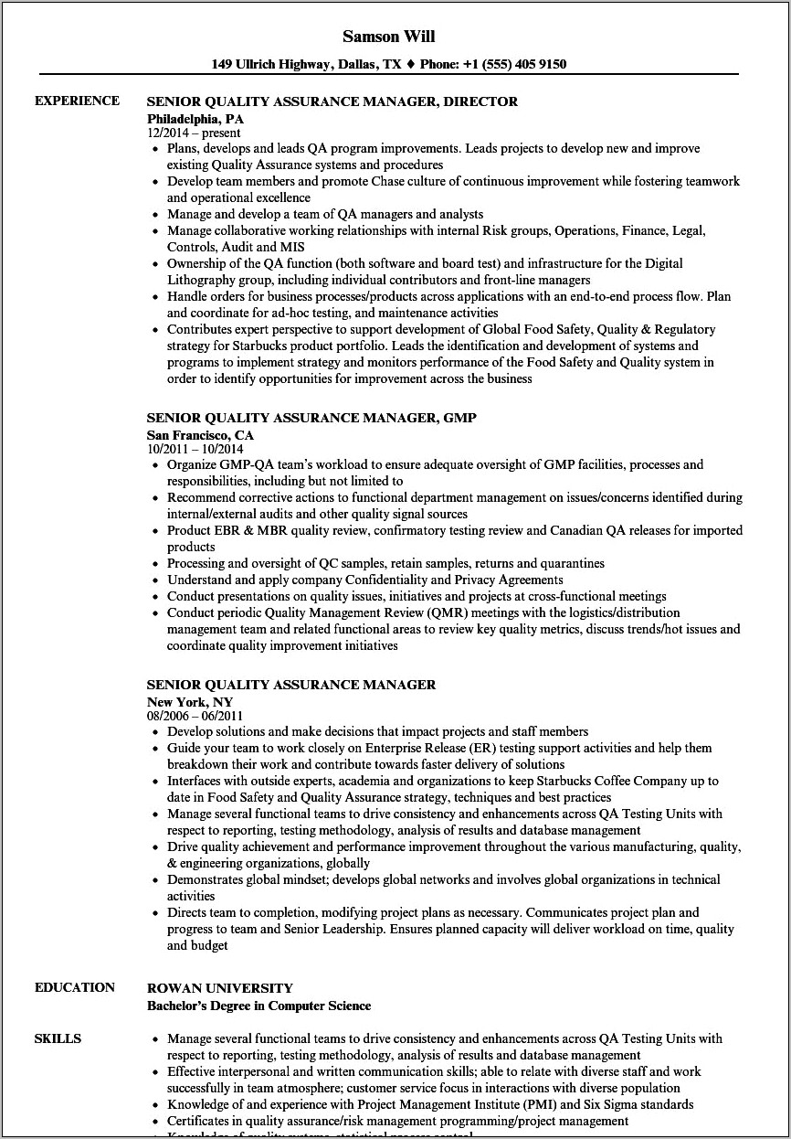 Manufacturing Quality Assurance Manager Resume