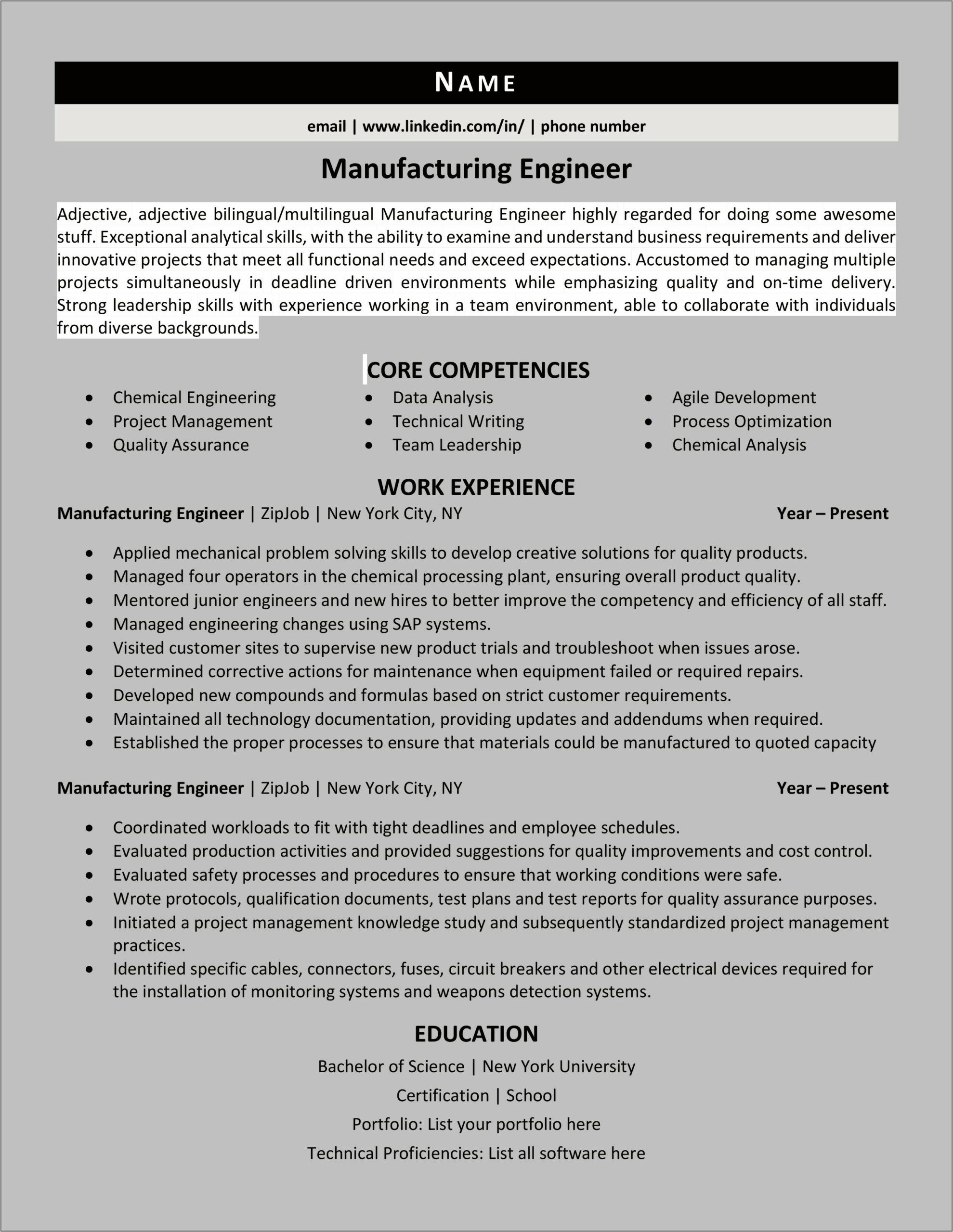 Manufacturing Skills And Abilities Resume