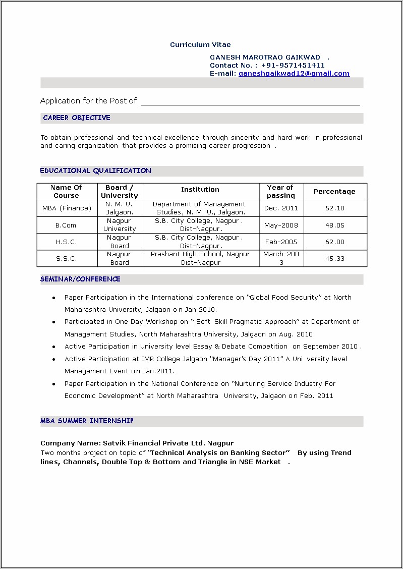 Mba Finance Resume Career Objective