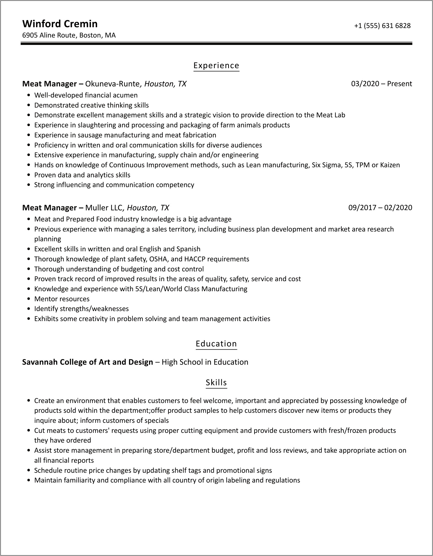 Meat And Seafood Manager Resume