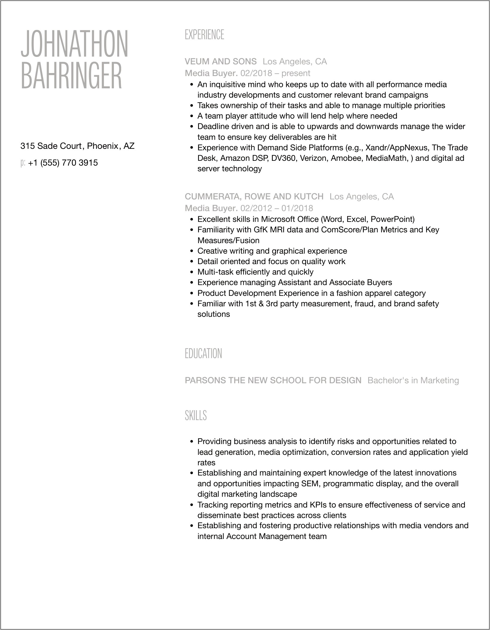 Media Buyer Job Description Resume
