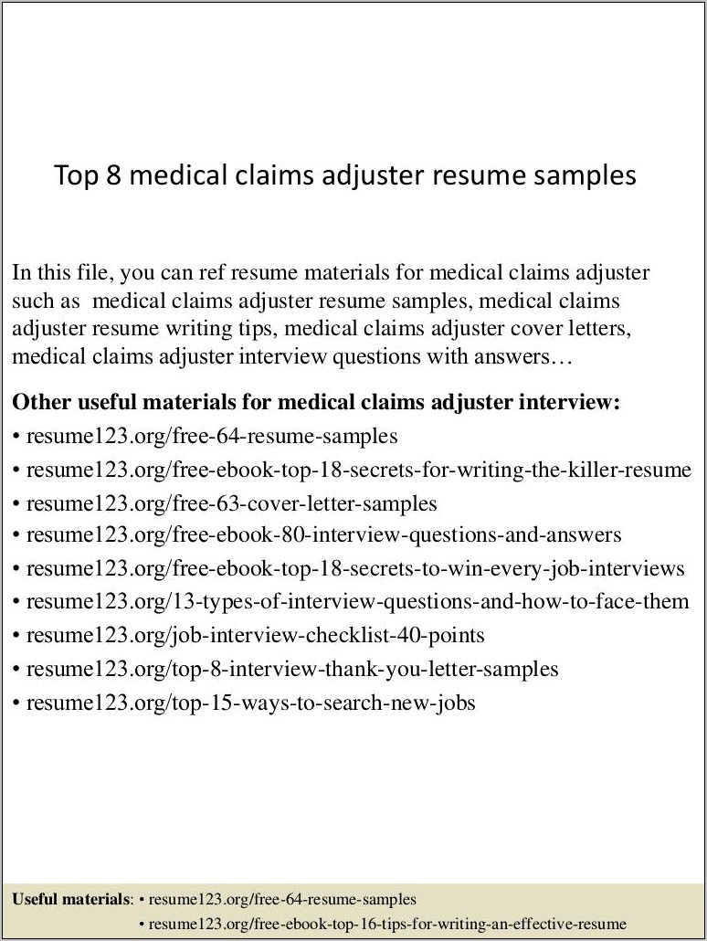 Medical Claims Adjuster Resume Sample