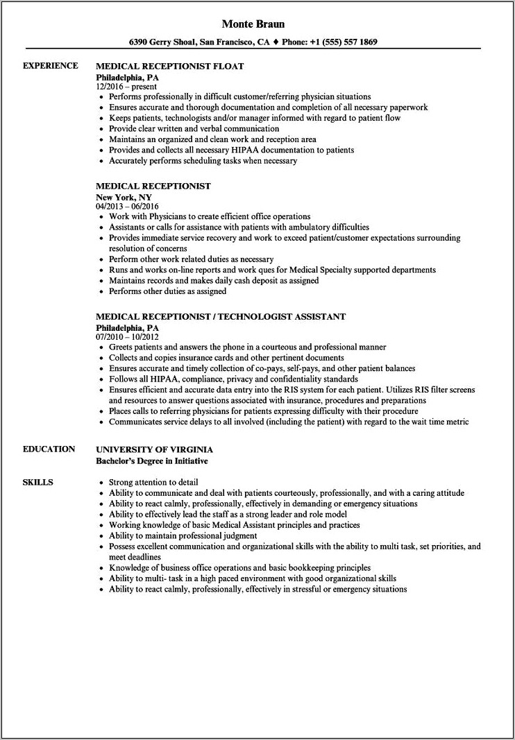 Medical Clinic Receptionist Resume Sample