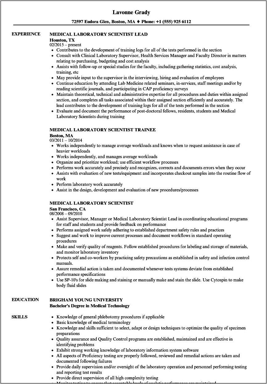 Medical Lab Objective For Resume