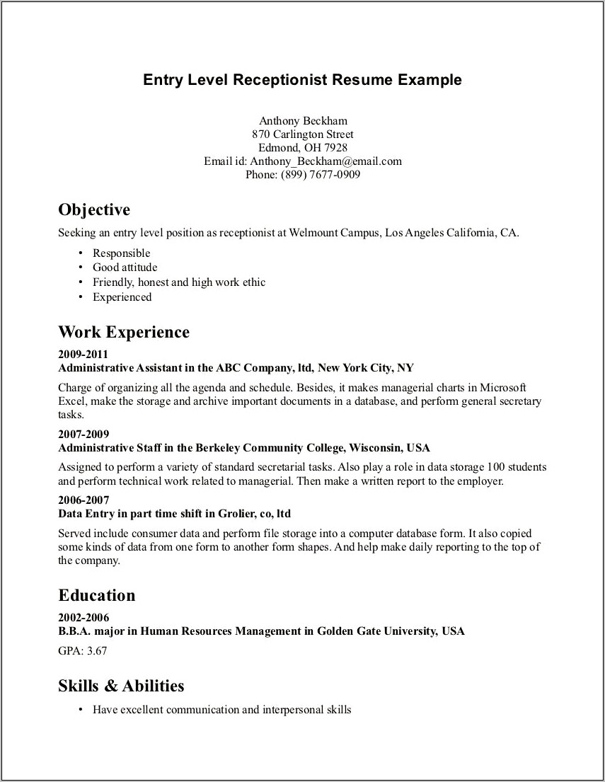 Medical Receptionist Job Objective Resume