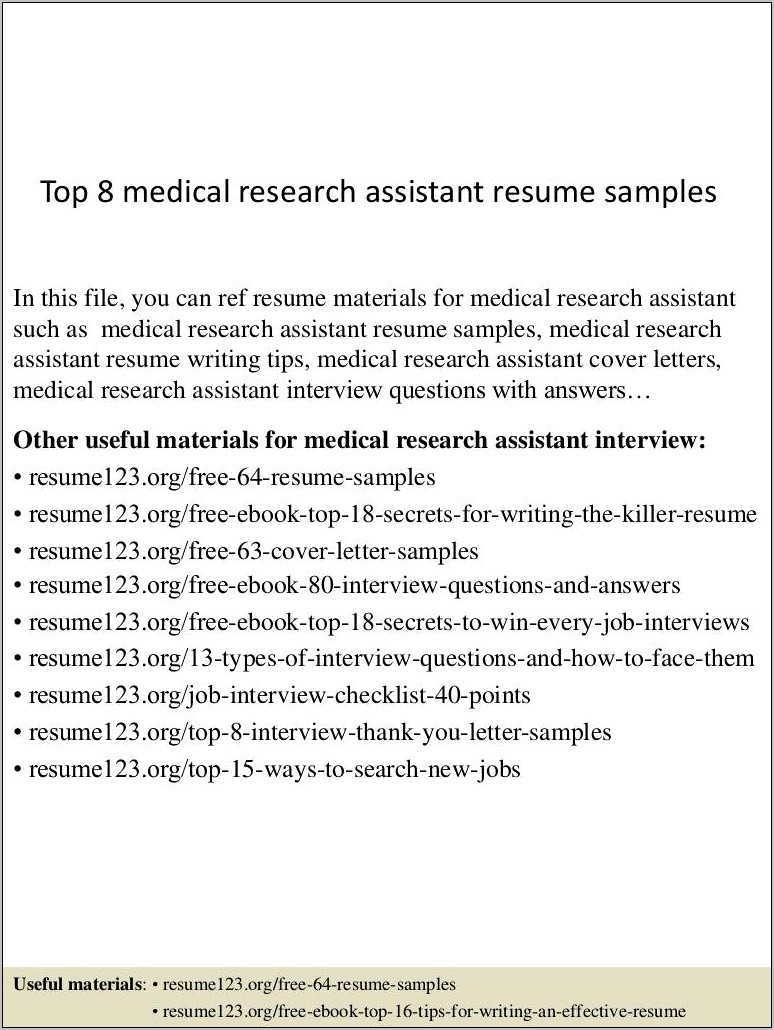 Medical Research Assistant Resume Sample