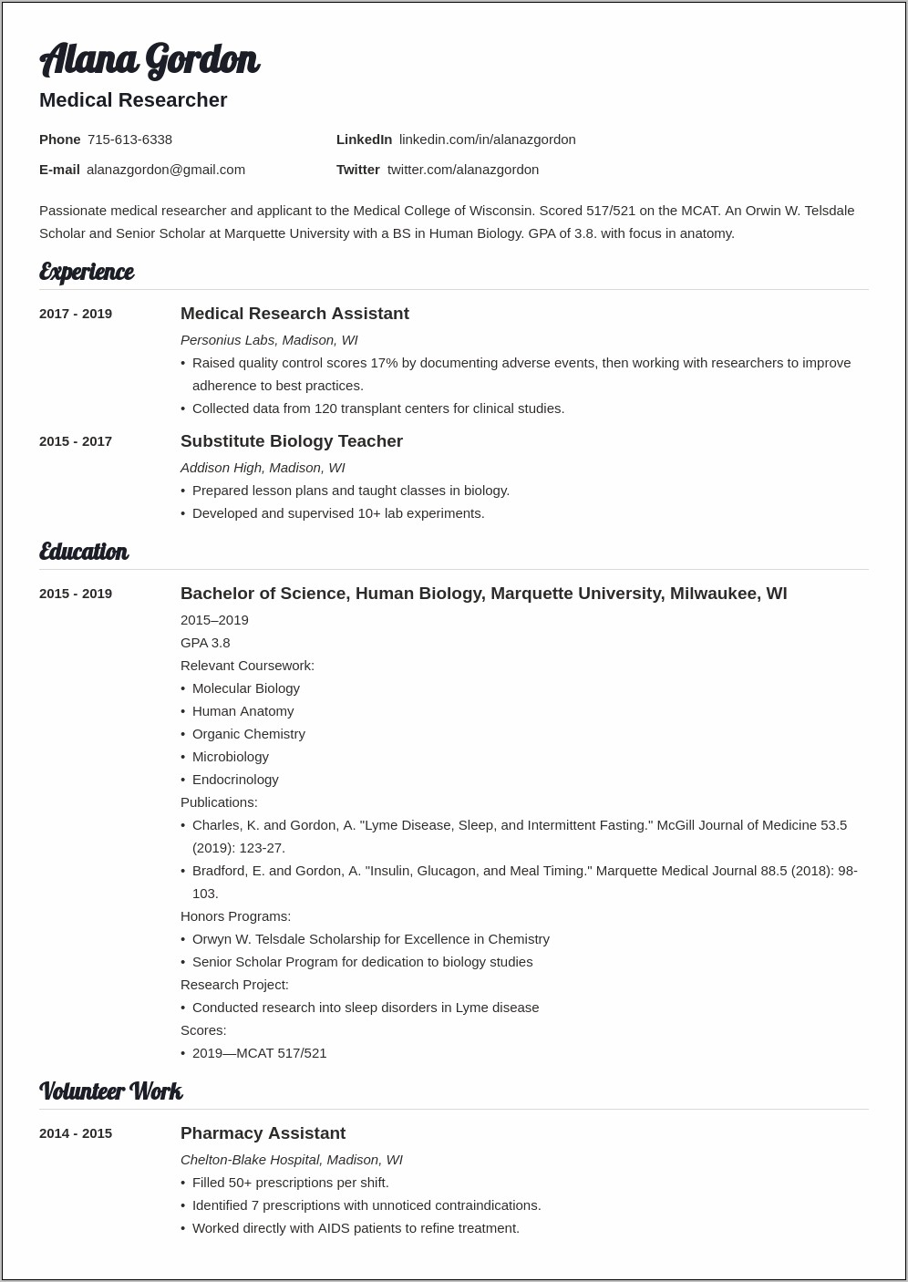 Medical School Appication Resume Examples