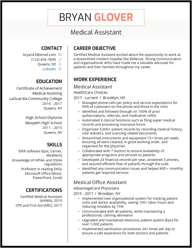 Medical Support Assistant Resume Objective