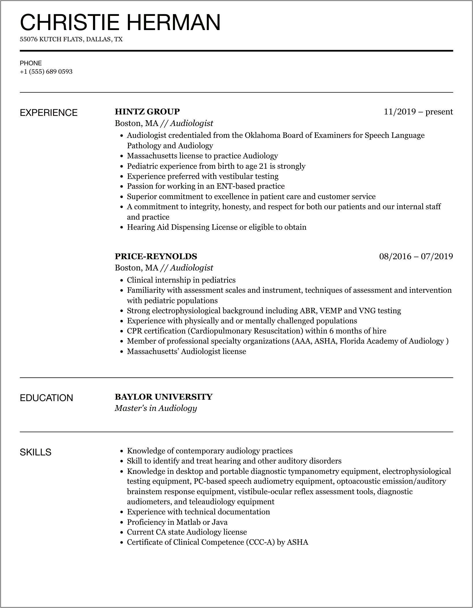 Military Audiology Technician Resume Examples