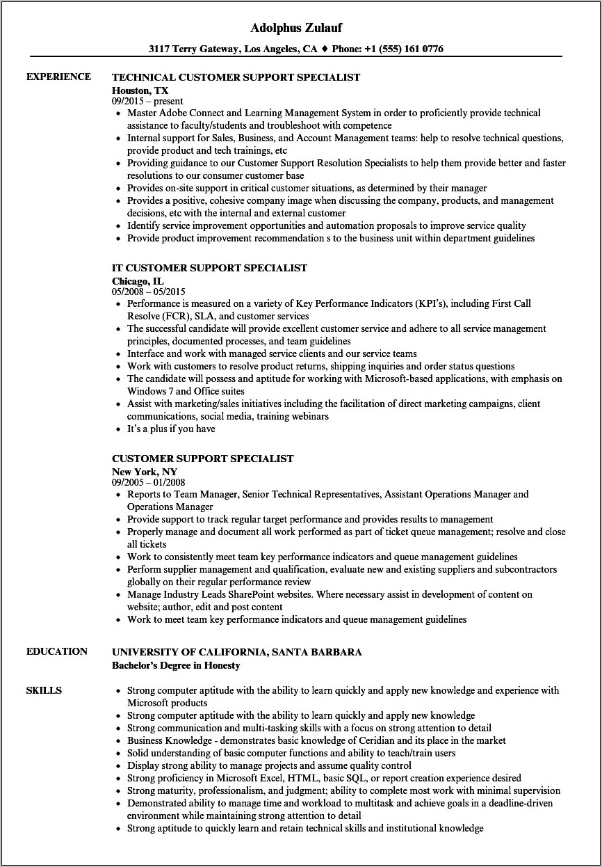 Mission Support Specialist Resume Sample