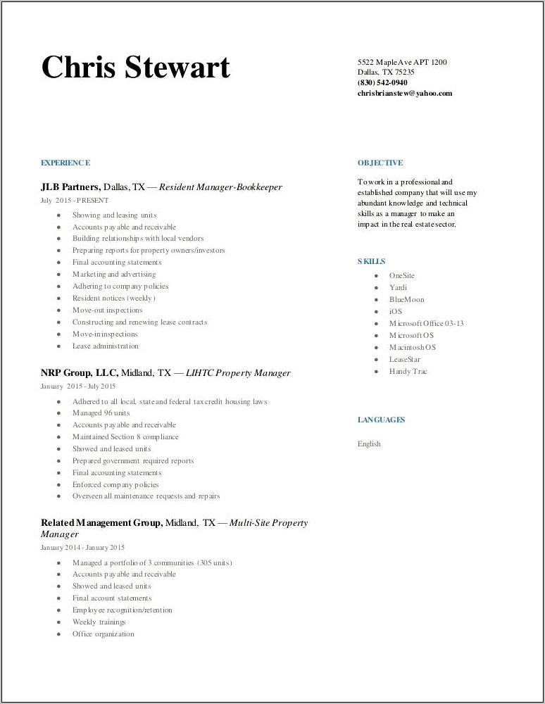 Multi Site Property Manager Resume