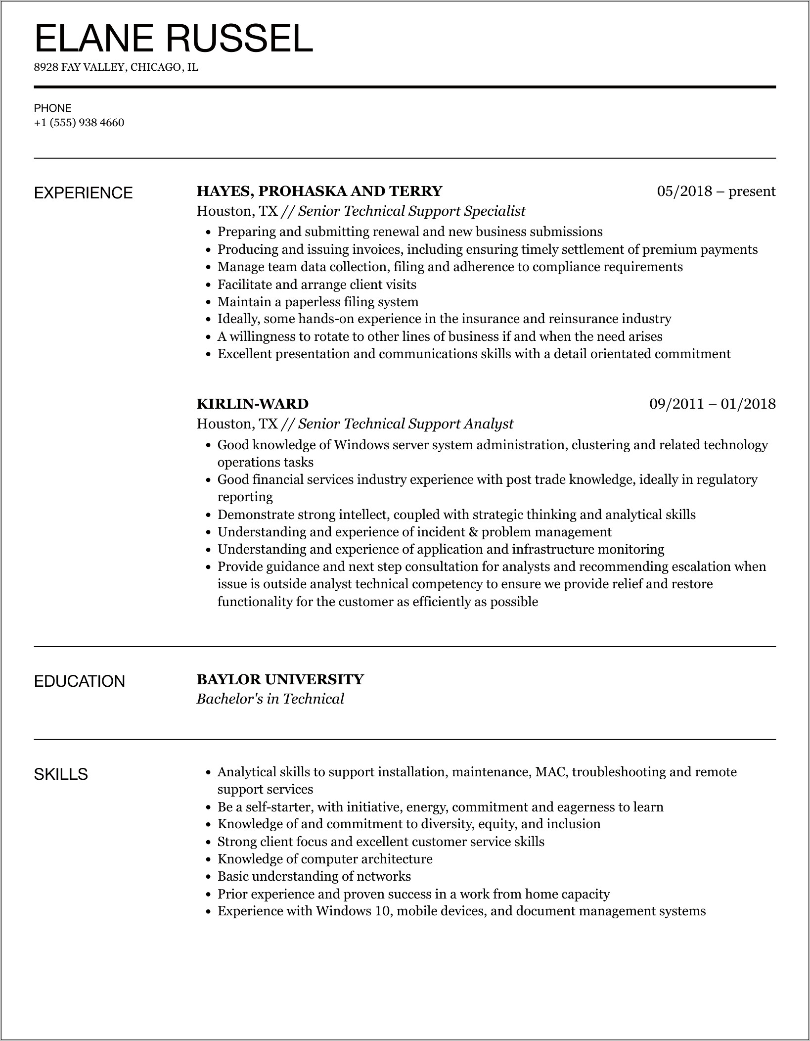 Network Technical Support Sample Resume