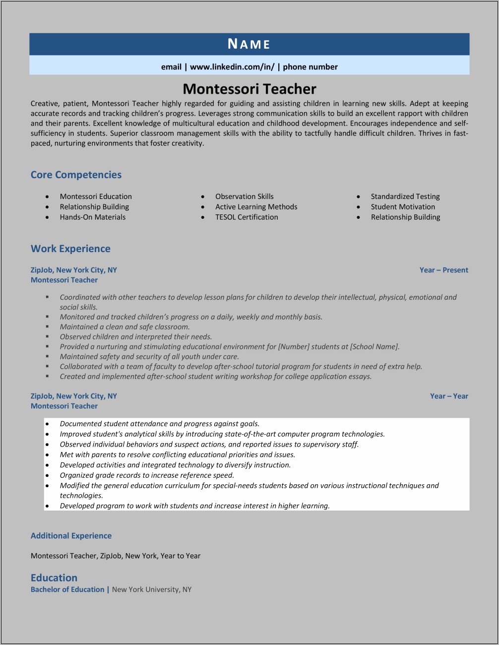 Objective For Montessori Teacher Resume