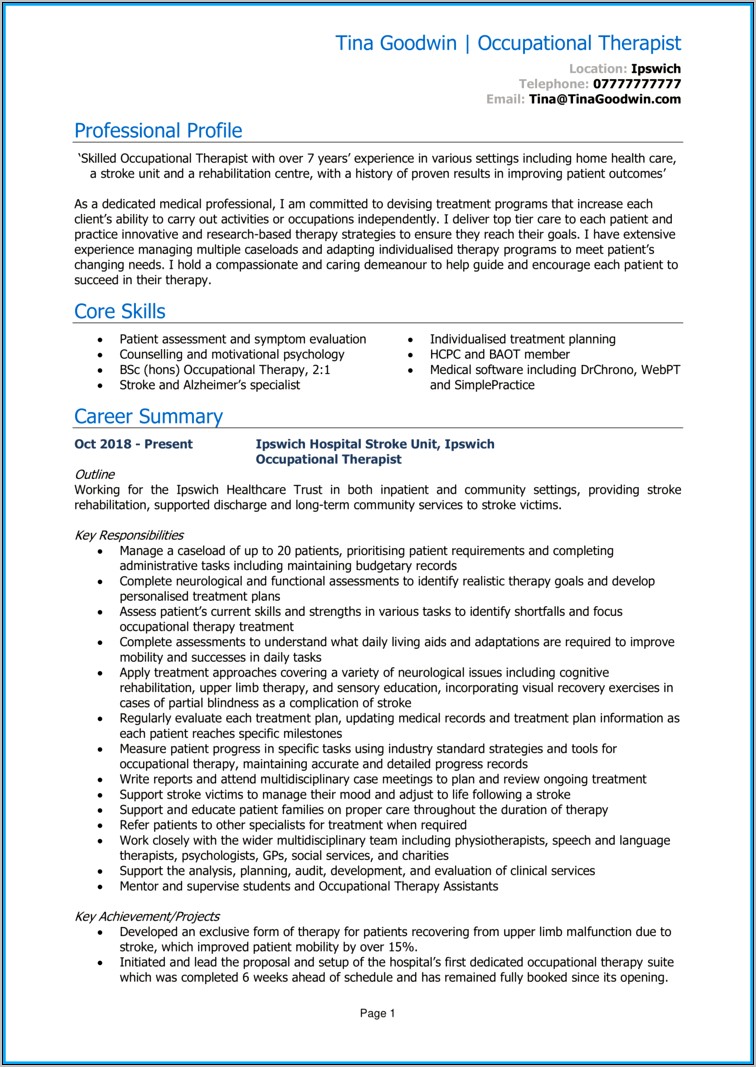 Objective For Occupational Therapy Resume