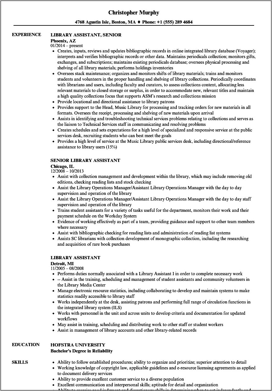 Objective For Resume For Librarian