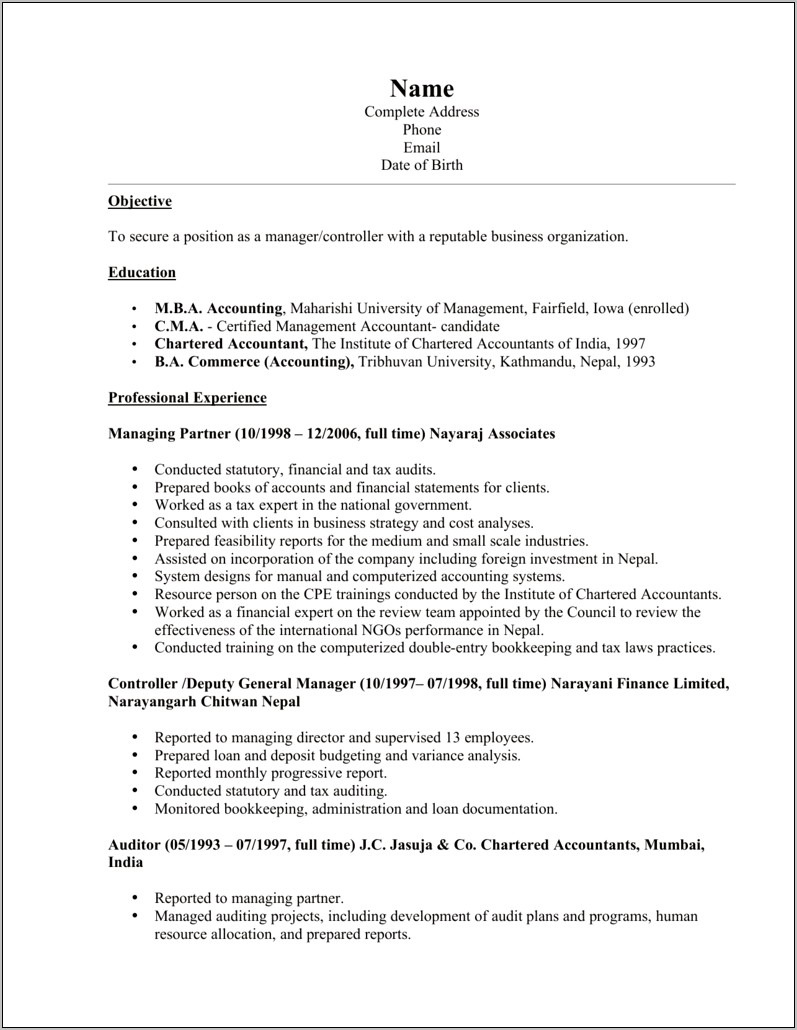 Objective In Resume Examples Accounting