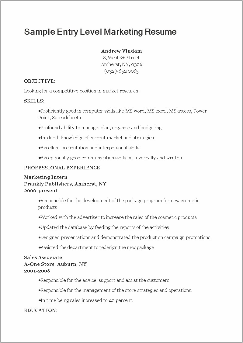 Objective Of Entry Level Resume