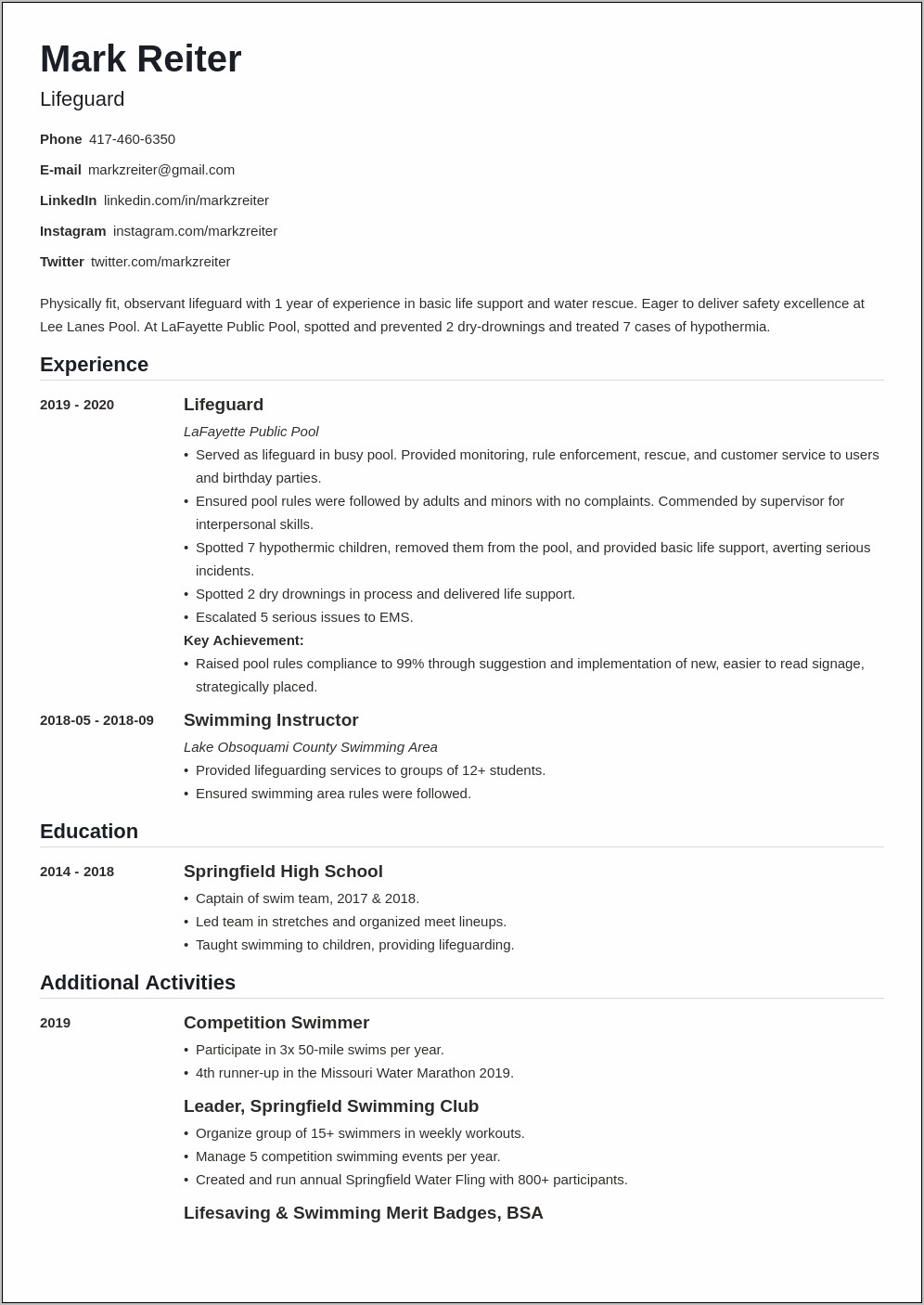 Objective Statement For Lifeguard Resume