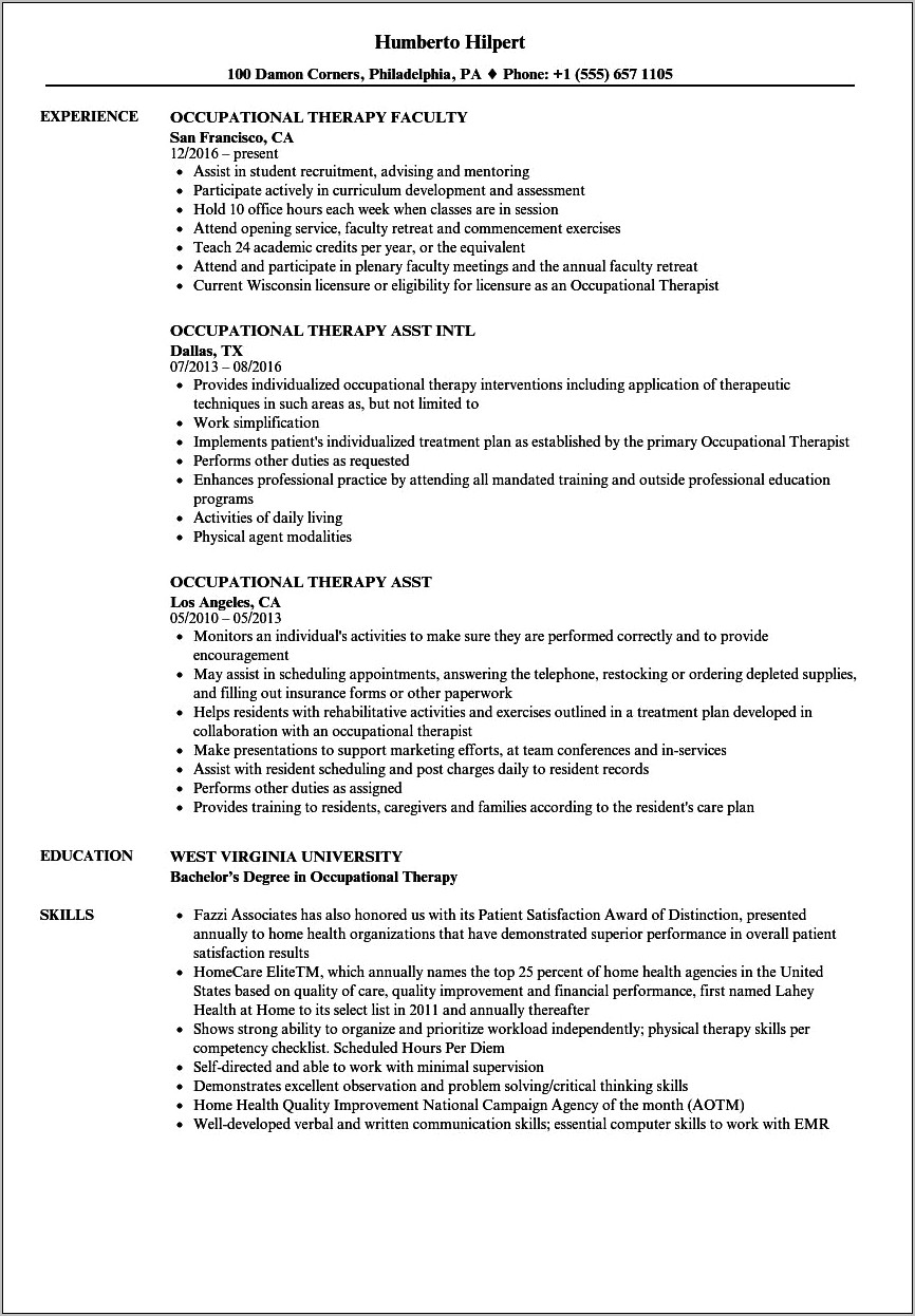 Occupational Therapy Resume Objective Assistant