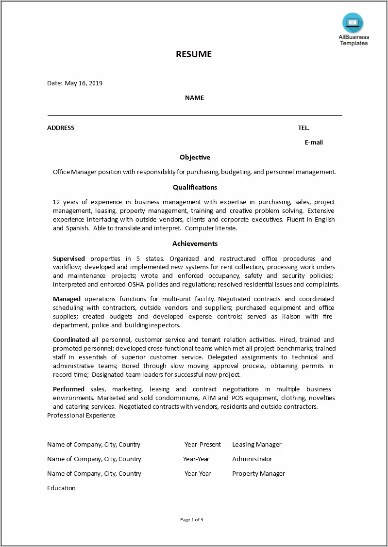Office Manager Resume Opening Statement