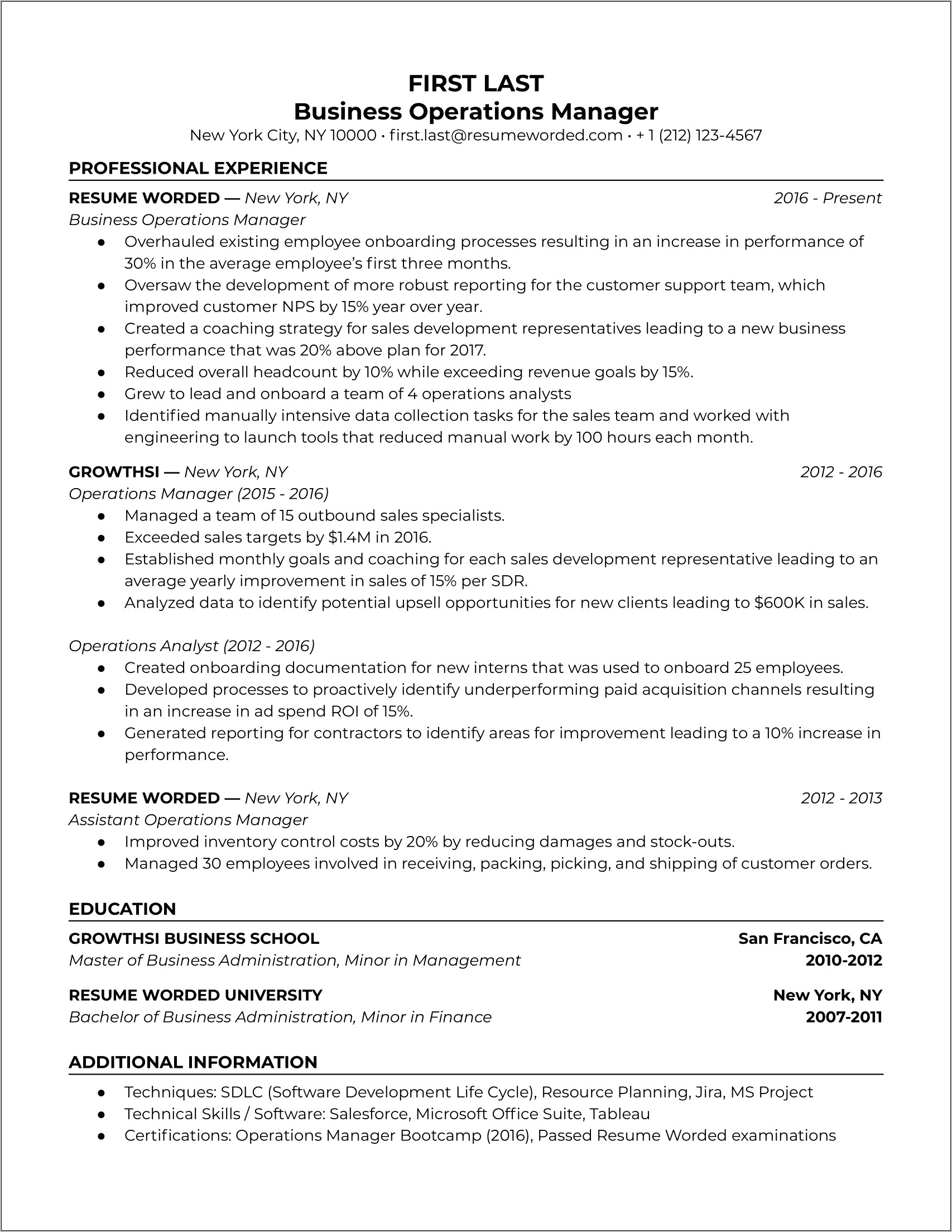 Operational Efficiencies Manager School Resume