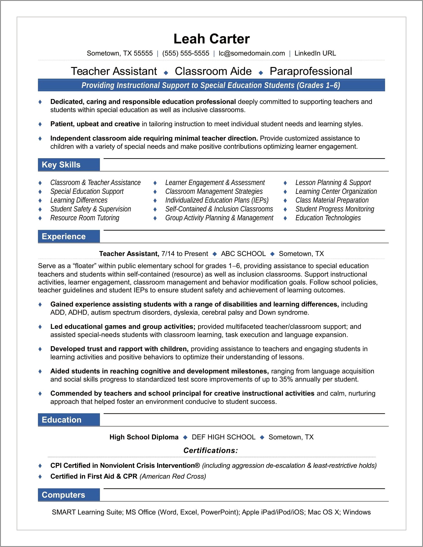 Paraeducator Job Description For Resume
